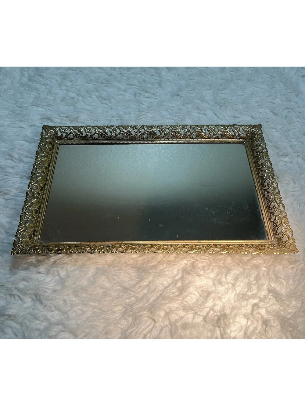 Vintage Ormolu flowers Vanity Dresser Mirror Tray Gold Gilt feet